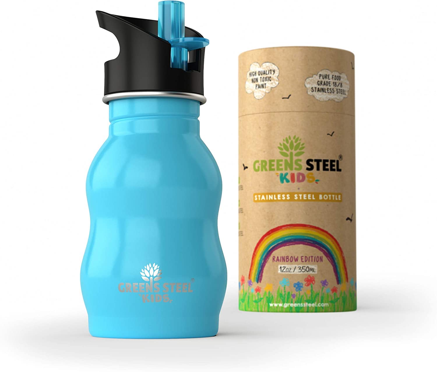 Greens Steel kids water bottle blue with ergonomic grip for easy handling.