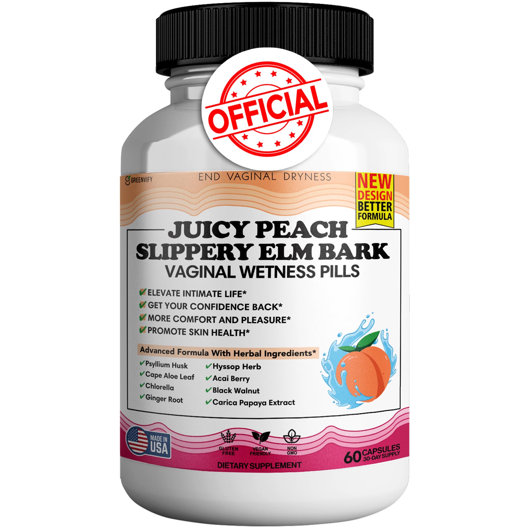 GREENVIFY Juicy Peach bottle showing vaginal moisture capsules for daily comfort.