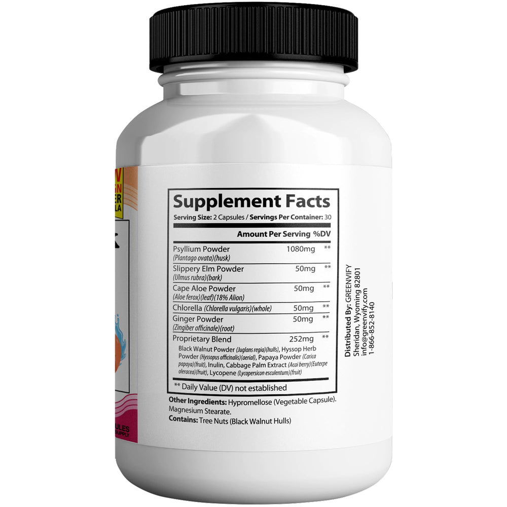GREENVIFY Juicy Peach capsules close-up highlighting natural slippery elm bark.