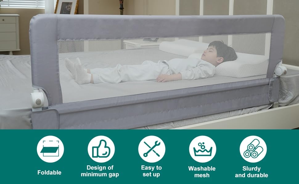 Grelex bed rail folded for travel highlights easy portability and compact storage.