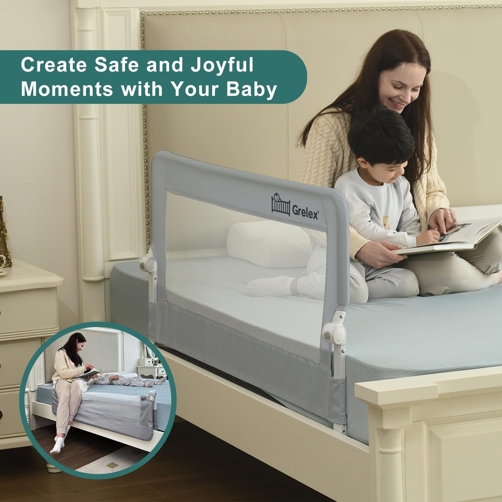 Grelex toddler safety guard emphasizes raised sides and secure sleep boundary.