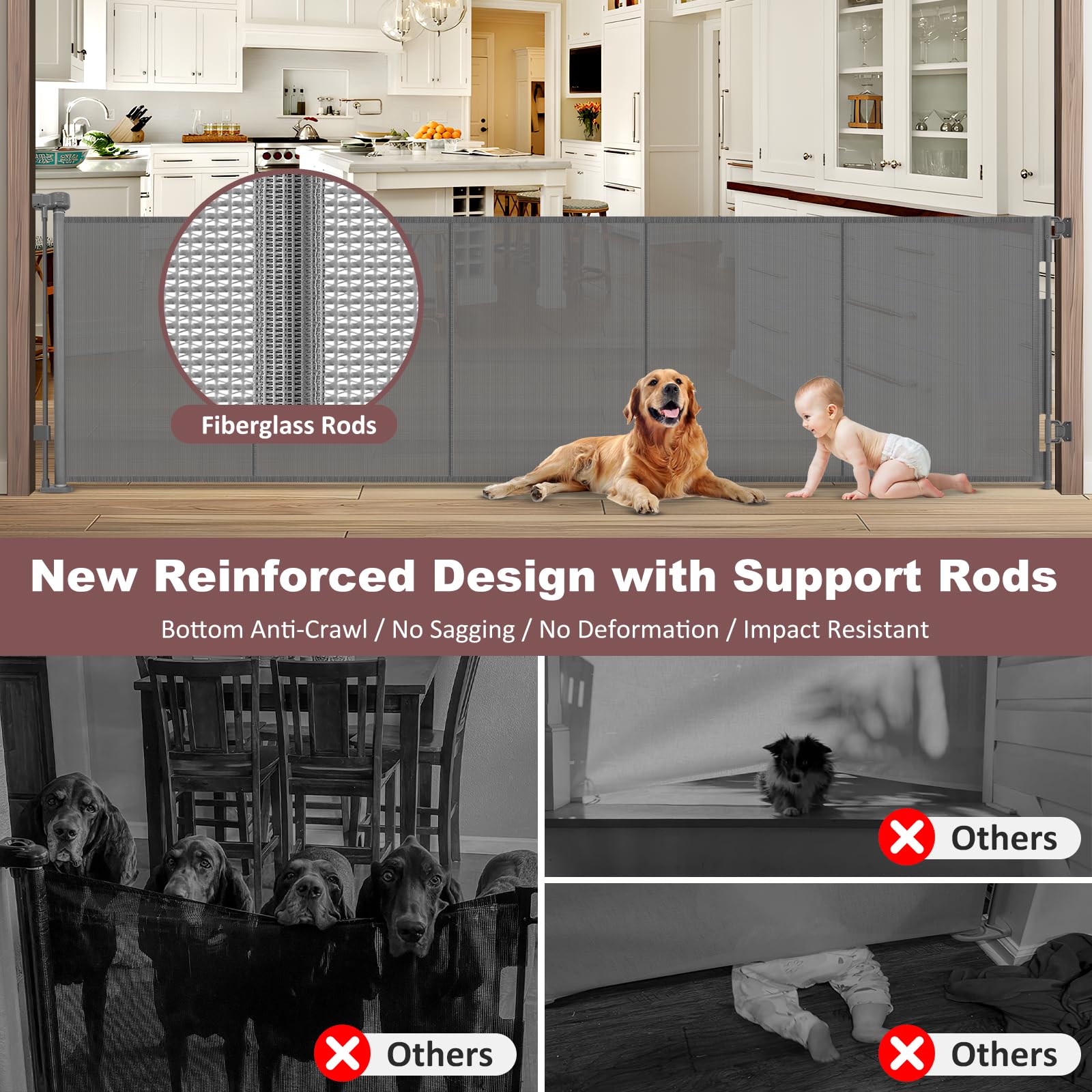 GRENFU 120-inch wide retractable gate for large doorways and easy passage.