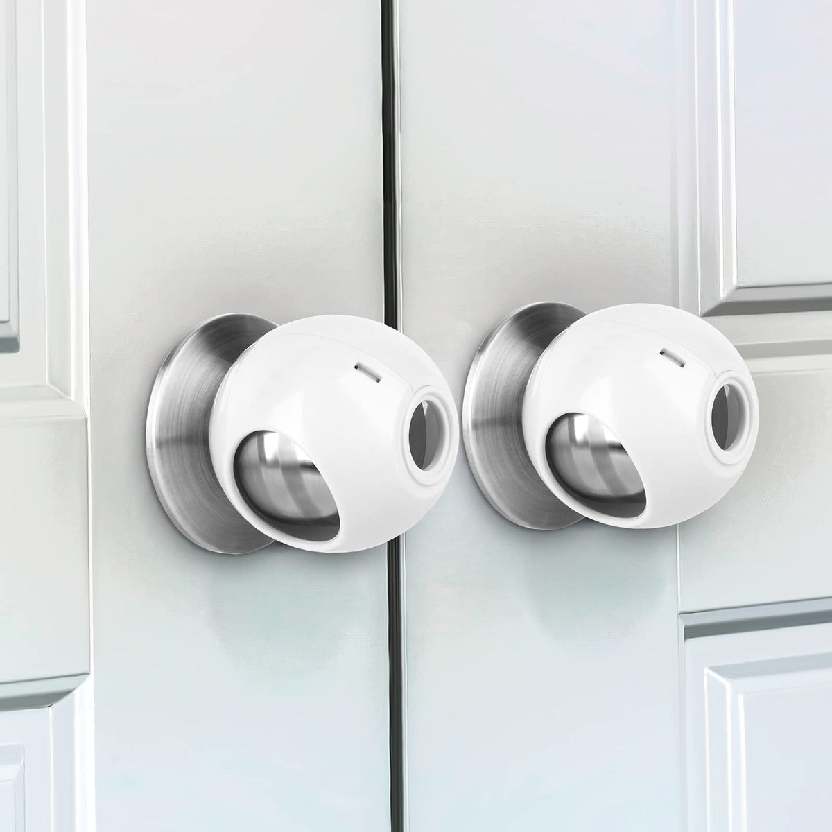 Grenfu child-proof door knob covers on universal-fit knobs for safer toddler-proofing at home.