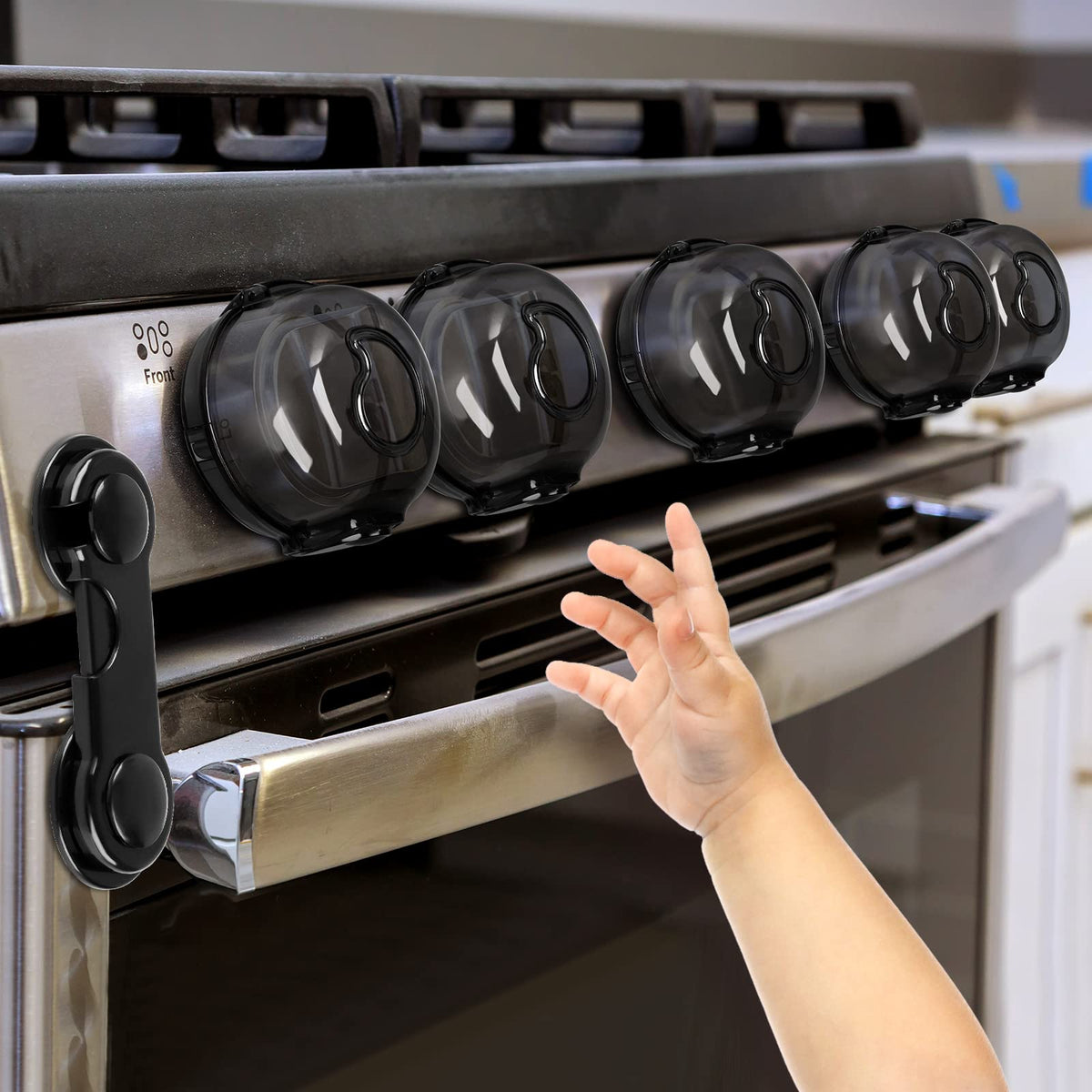 GRENFU stove knob covers pack on a kitchen counter, enhancing child safety.