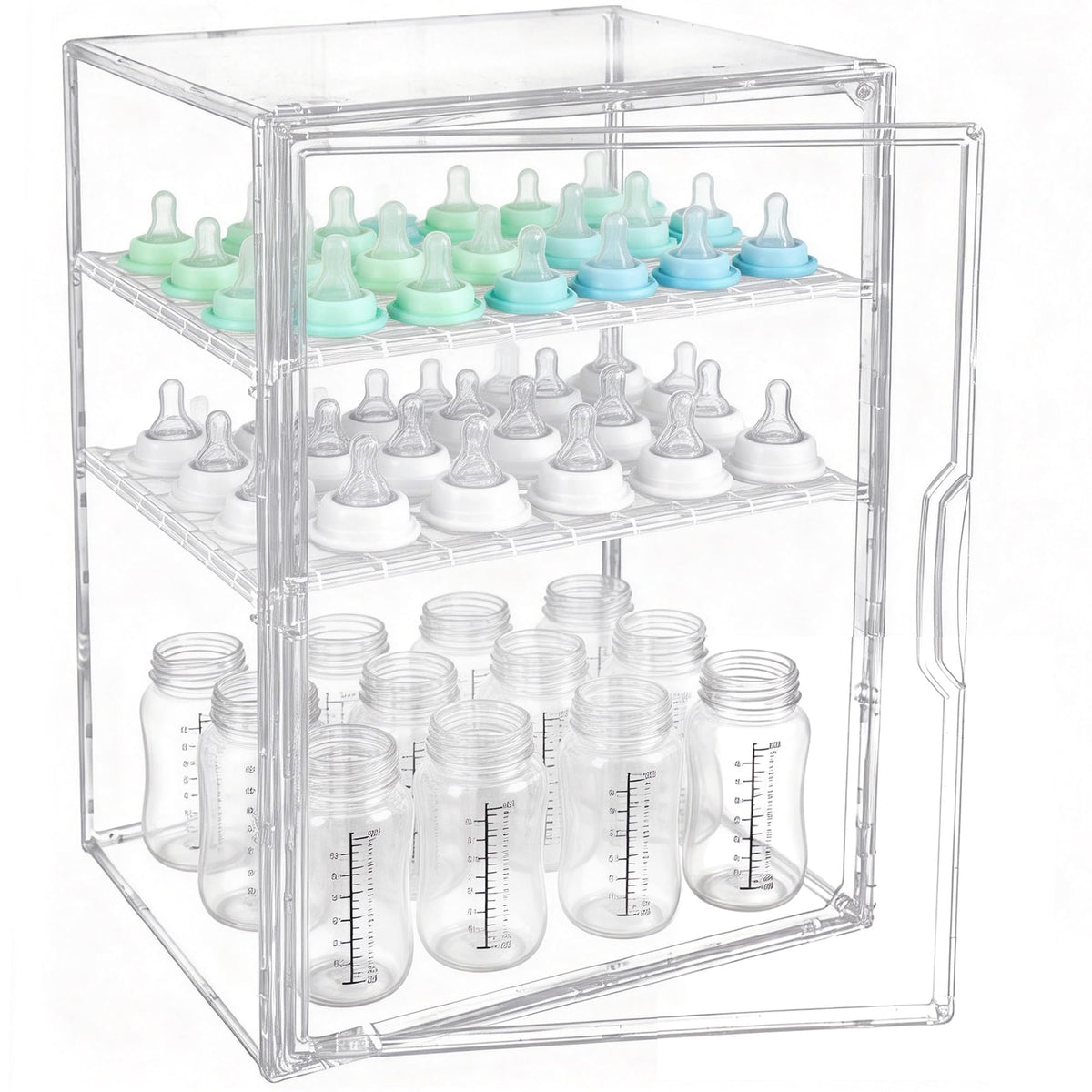 GRETJOB baby bottle organizer on a counter with 3-tier view for quick feeding prep.