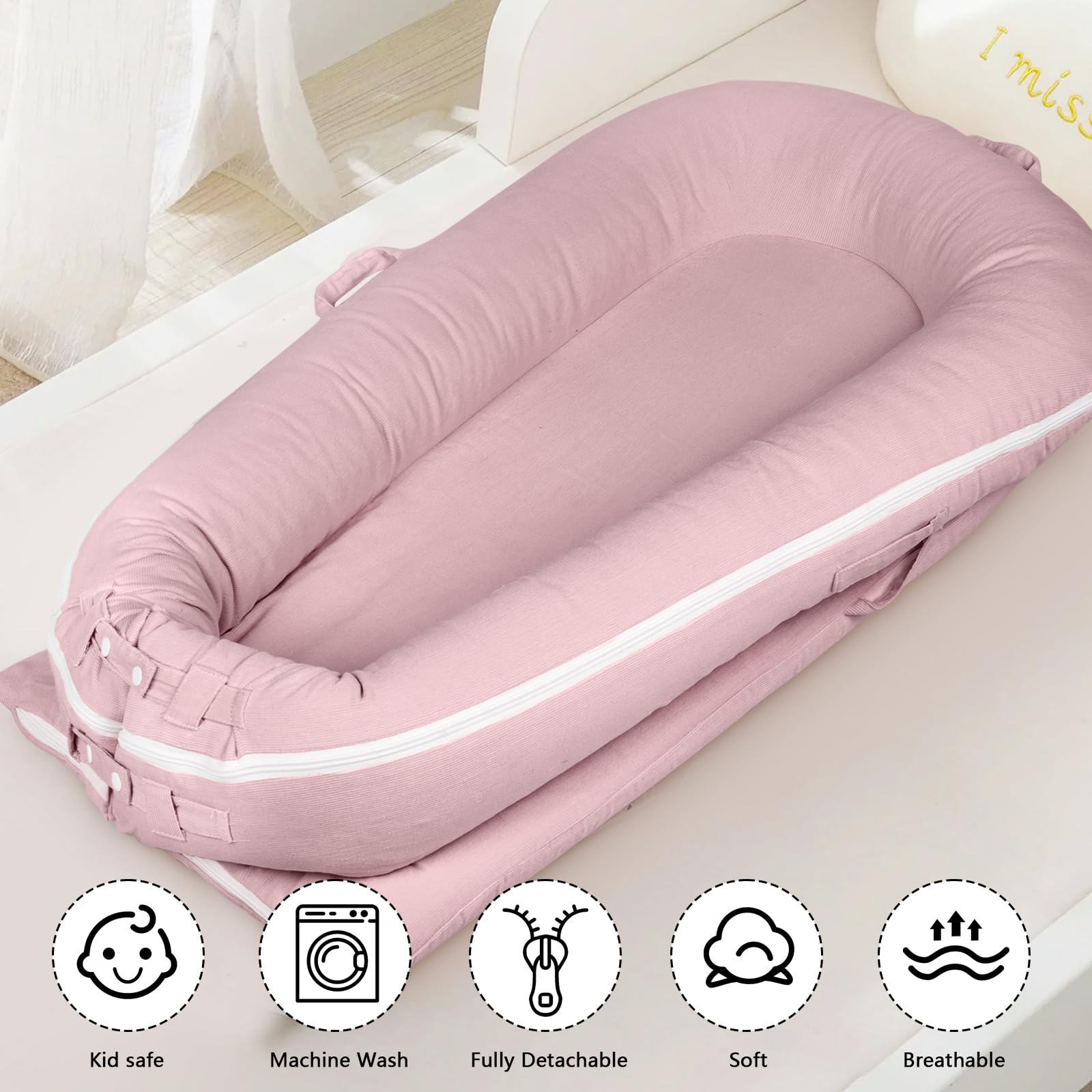Greuame Nest Lounger Cover pink material closeup reveals breathable weave