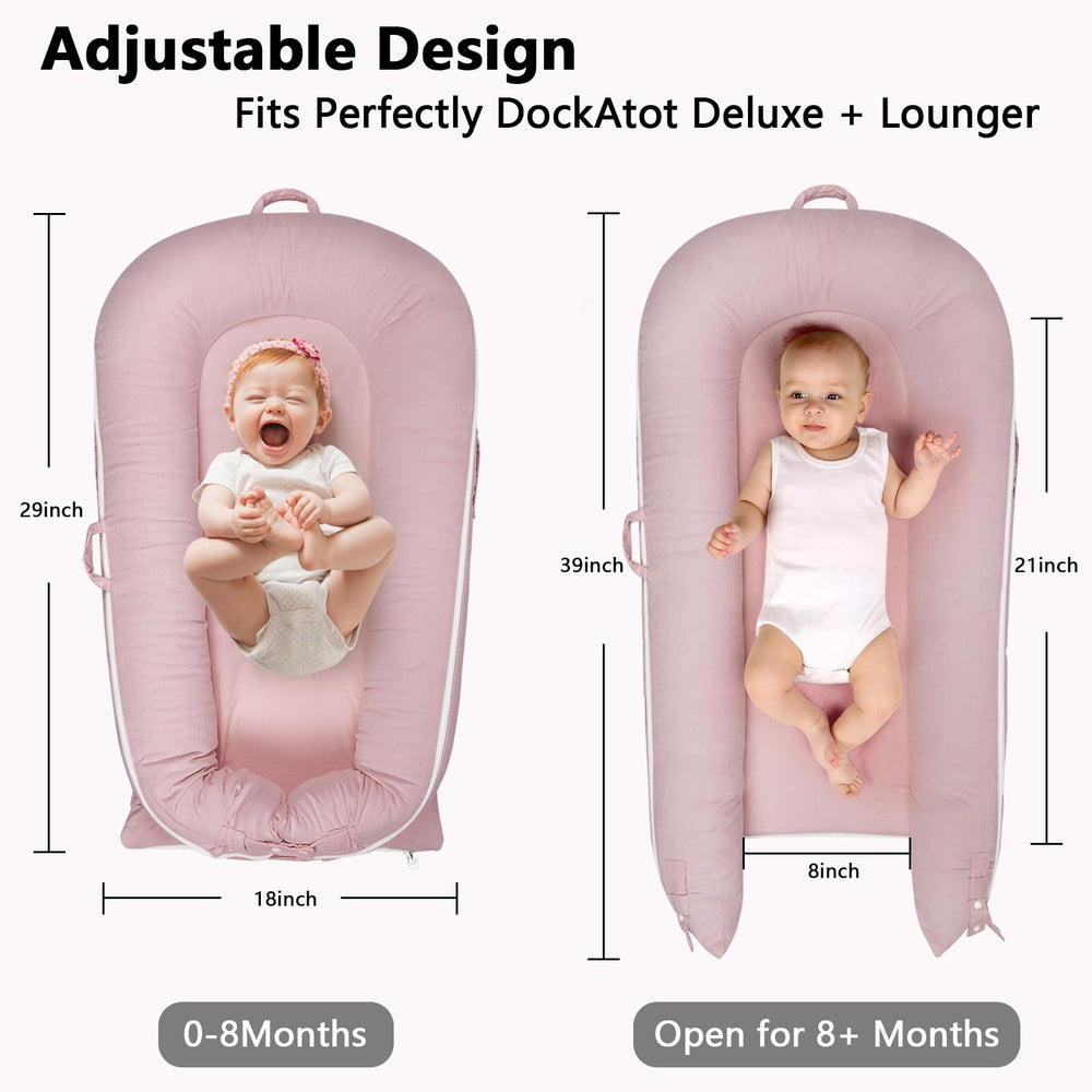 Greuame Nest Lounger Cover pink side view demonstrates snug Dockatot Deluxe+ fit