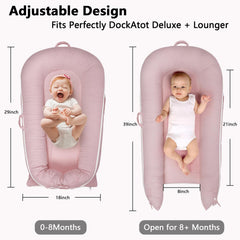 Greuame Nest Lounger Cover pink side view demonstrates snug Dockatot Deluxe+ fit