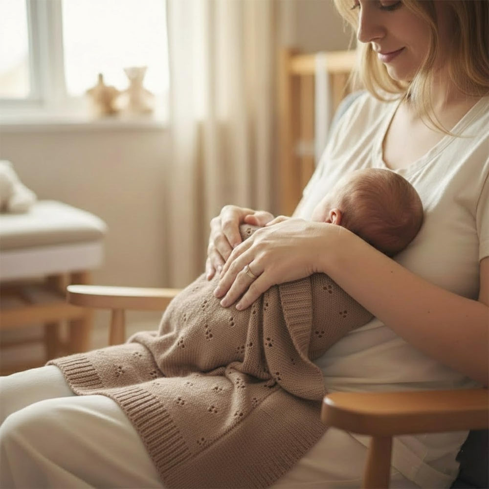 Grewear blanket swaddled around a newborn for snug warmth