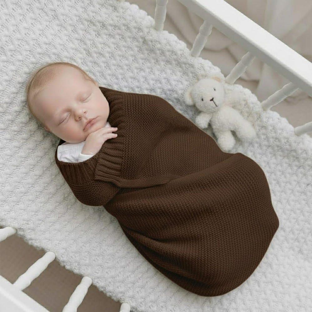 Grewear Mocha knit blanket; breathable cotton keeps little one comfortable year-round.