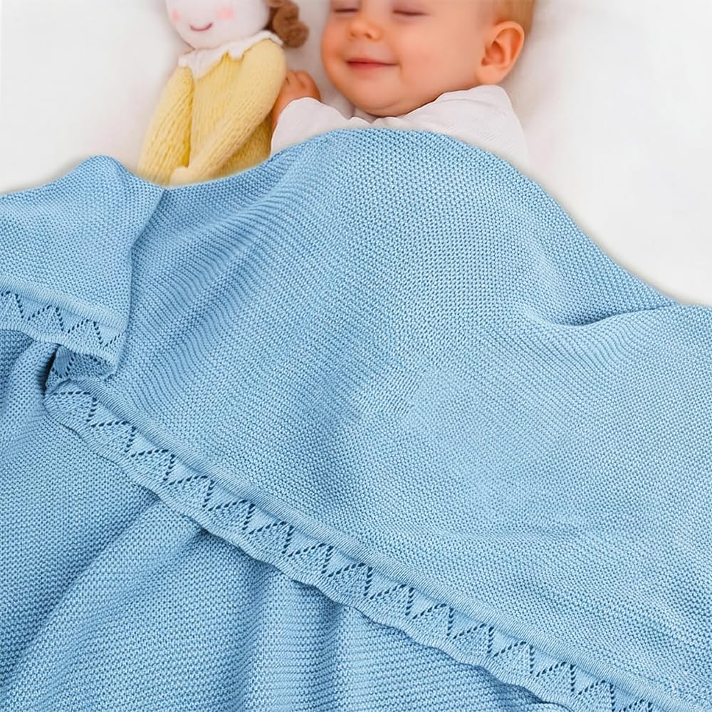 Grewear baby knit blanket with scallop border for cozy snuggles and all-season warmth.