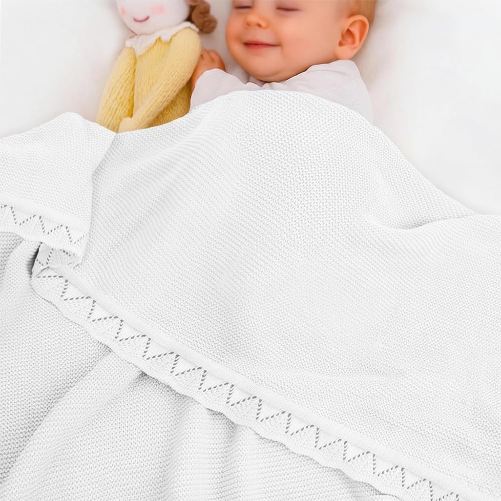Grewear baby knit blanket in full view showing soft cotton texture for all-season snuggles.