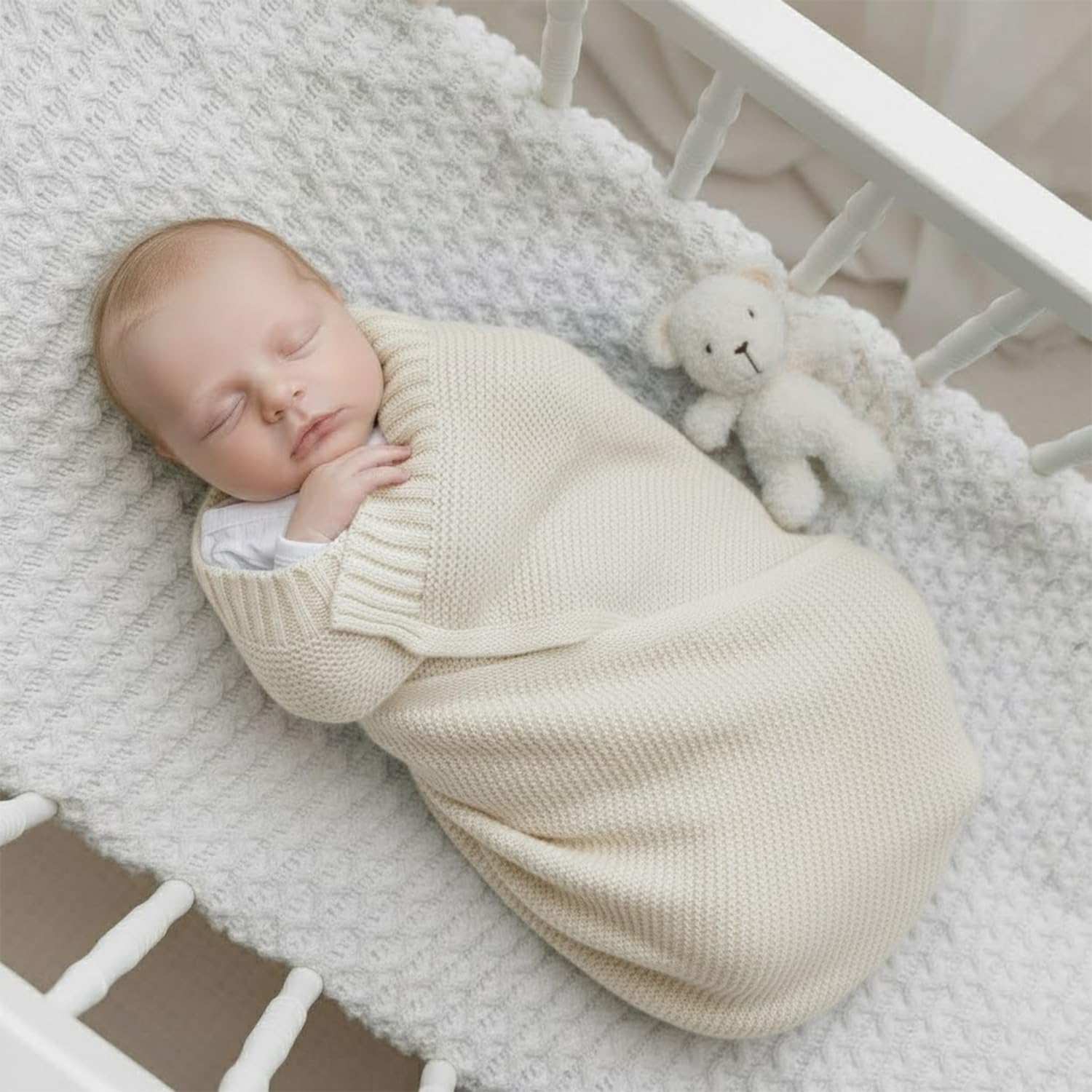 Grewear Baby Knit Blanket swaddle scene highlights soft-touch calm for newborn comfort.