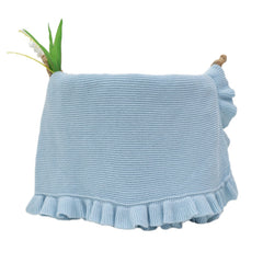 Grewear cotton baby blanket with ruffle edge in blue for cozy newborn comfort.