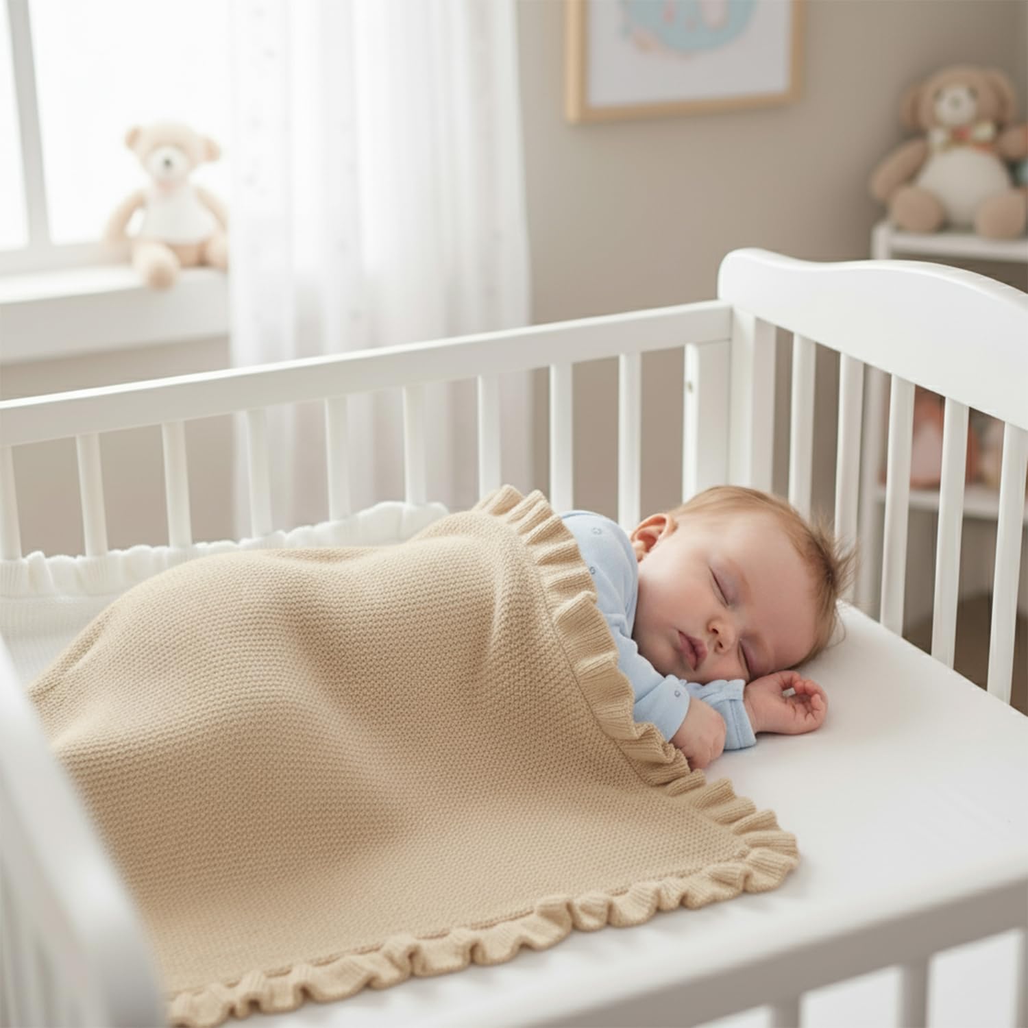 Grewear cotton baby blanket spread on crib demonstrates lightweight knit for year-round comfort.