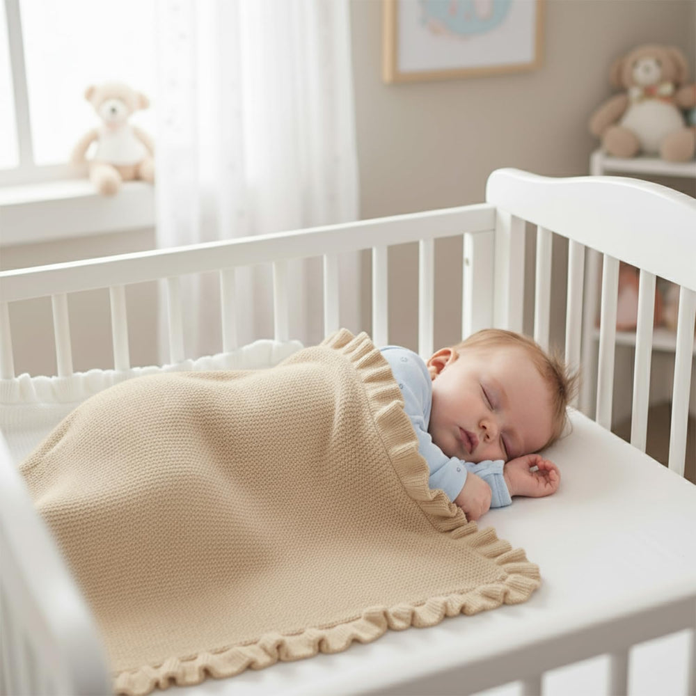 Grewear cotton baby blanket spread on crib demonstrates lightweight knit for year-round comfort.