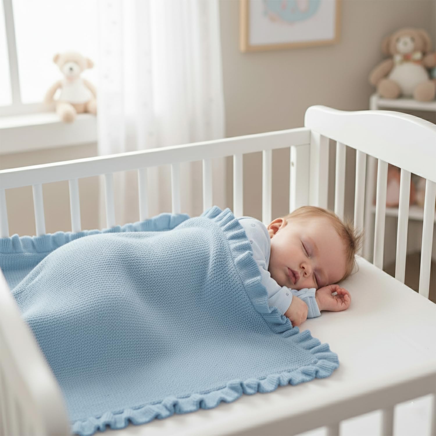 Grewear cotton baby blanket with ruffle edge in pink, breathable and soft for year-round wear.