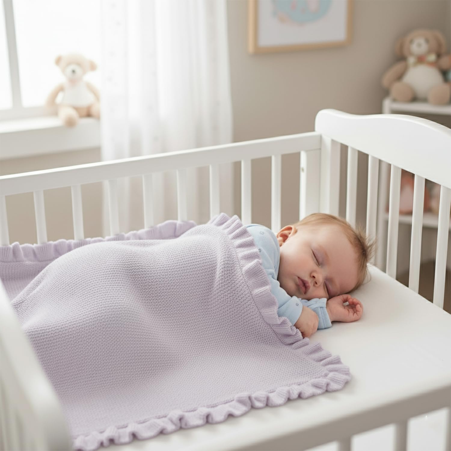 Grewear soft cotton blanket with ruffle edge, perfect for crib time and soothing skin.