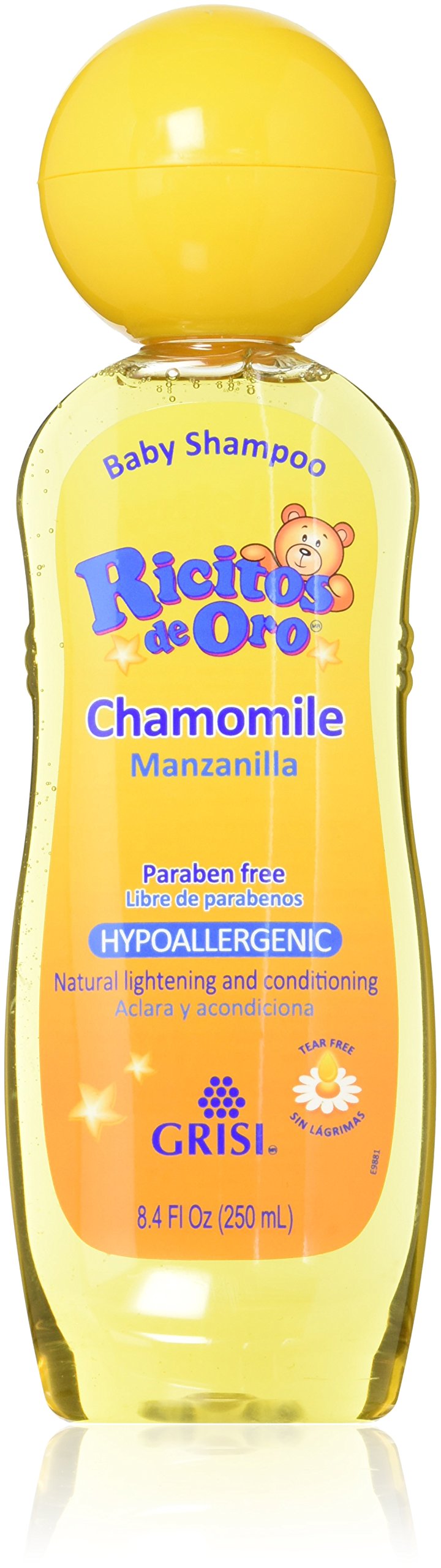Grisi Golden Curls baby shampoo bottle with chamomile scent, tear-free and hypoallergenic.