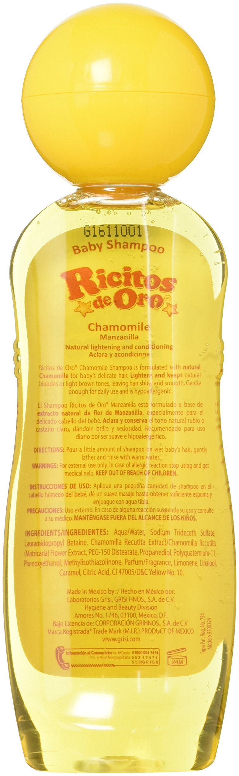Grisi Golden Curls bottle close-up, chamomile aroma, gentle cleansing for baby's hair.