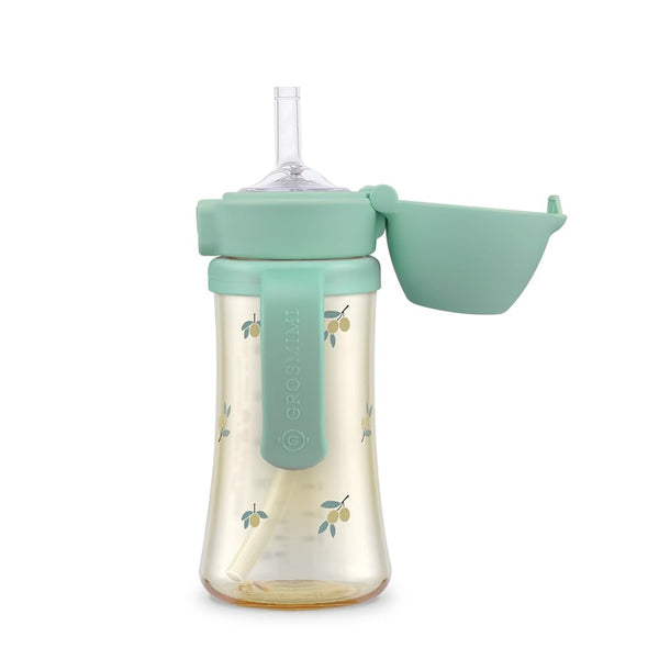 GROSMIMI flip-top spill-proof sippy cup in olive with secure lid and straw.