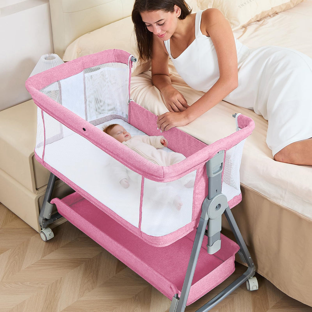 Grobeybees 3-in-1 bassinet bedside sleeper attached to a bed for close baby care.