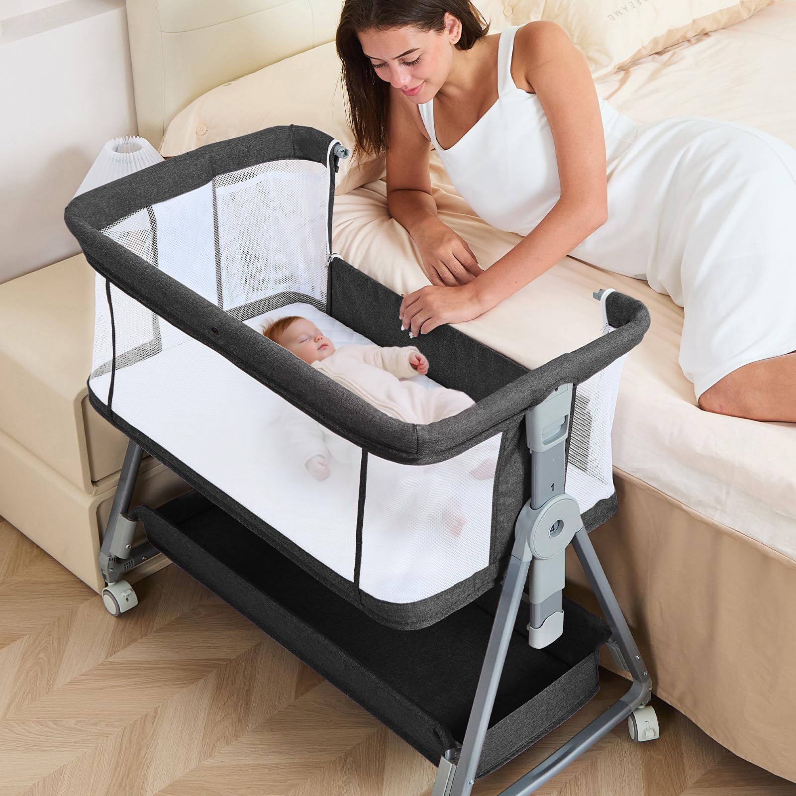 Grobeybees 3-in-1 bassinet bedside sleeper with wheels for easy room-to-room use