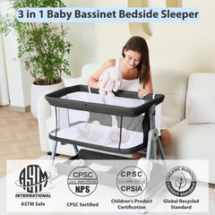 Grobeybees bassinet height adjustment showing 13.5 to 18 inches for bed compatibility