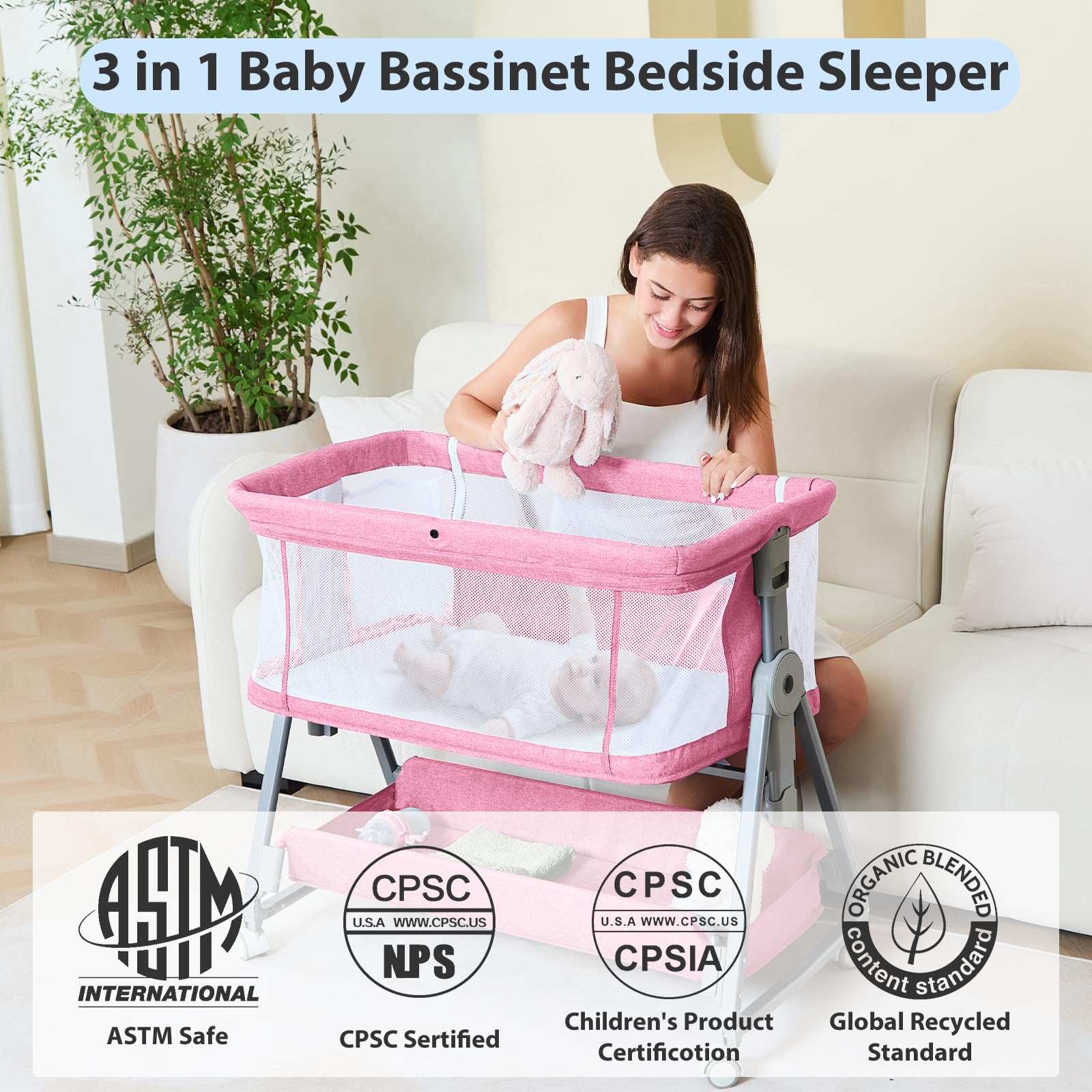 Grobeybees bassinet on wheels for easy room-to-room mobility.