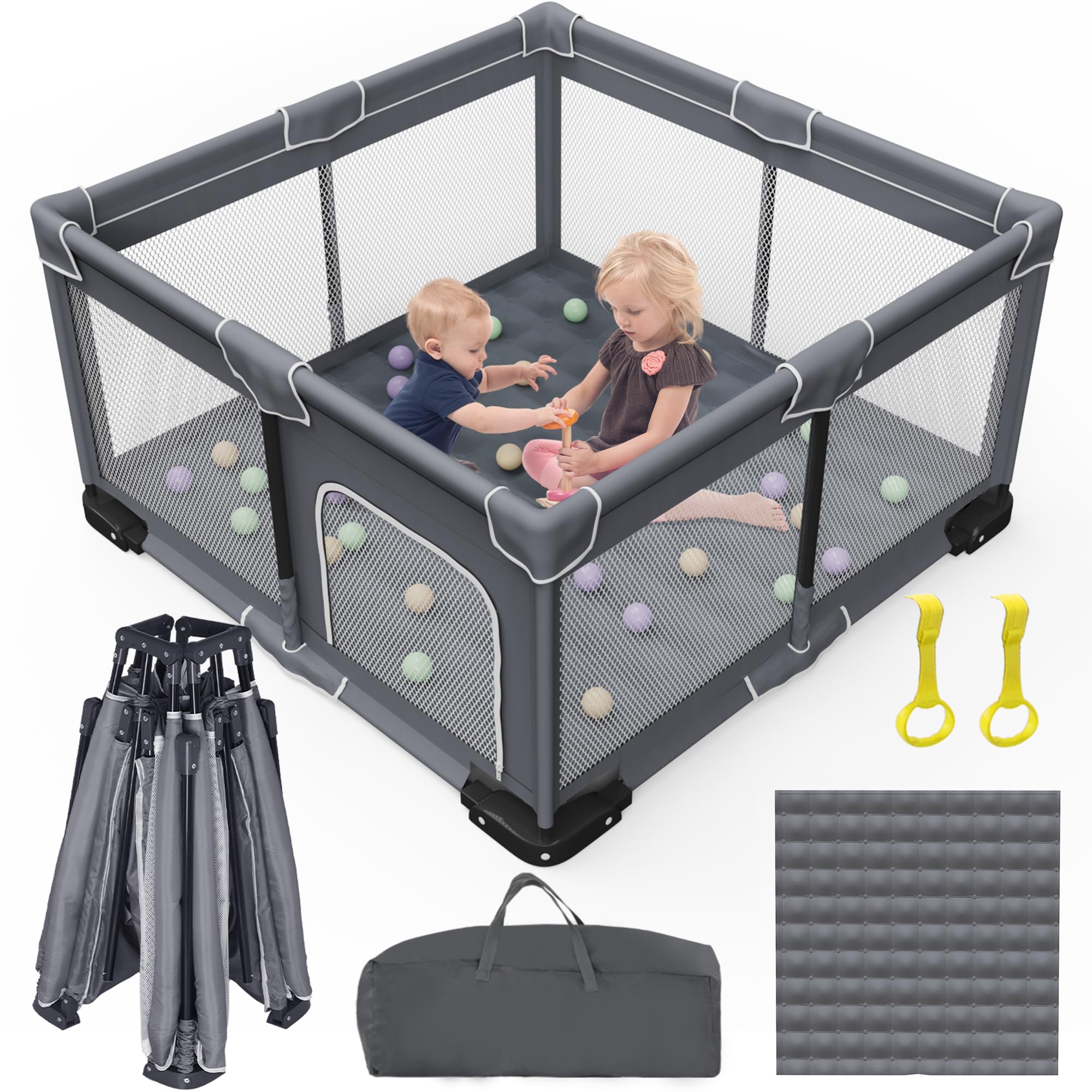 Grobeybees foldable playpen grey front view showing compact travel-ready design.