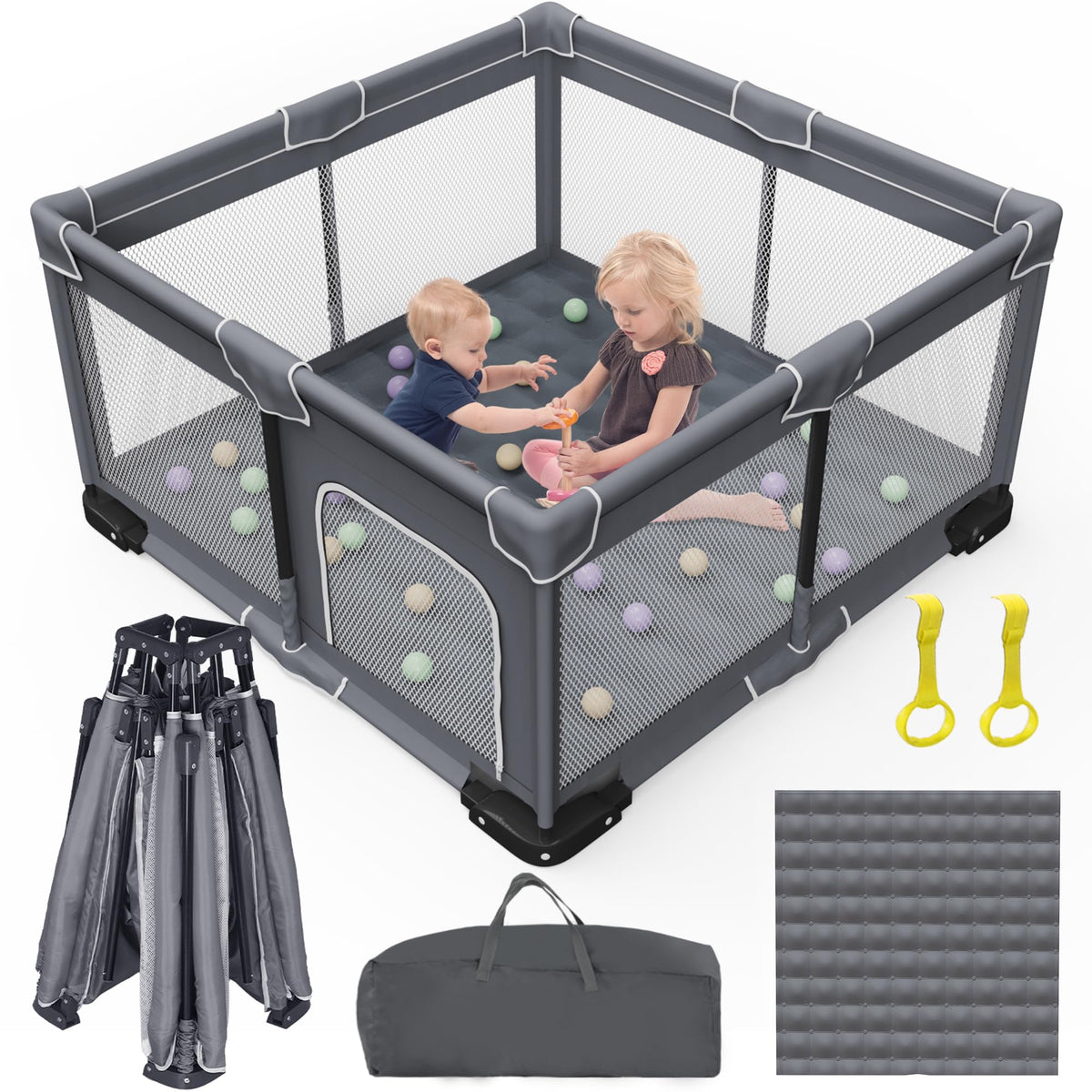 Grobeybees foldable playpen grey front view showing compact travel-ready design.