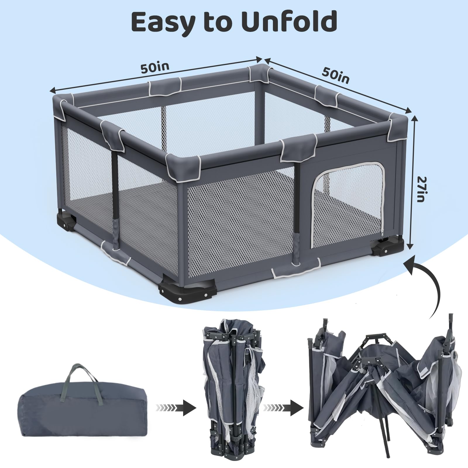 Grobeybees foldable playpen grey with mat highlighting comfortable cushioning.
