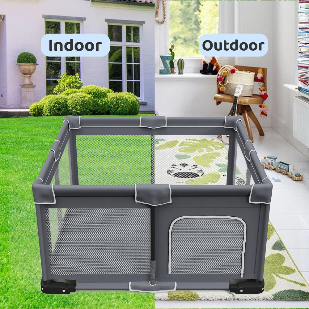 Grobeybees foldable playpen in indoor room for safe baby play.