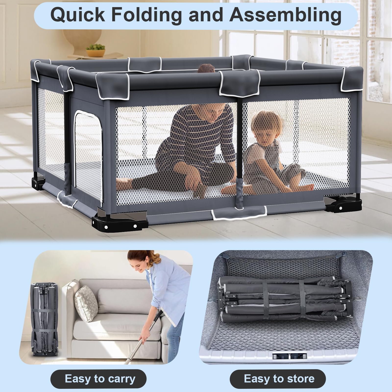 Grobeybees foldable playpen mesh door open for easy supervision.