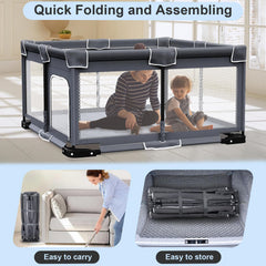 Grobeybees foldable playpen mesh door open for easy supervision.