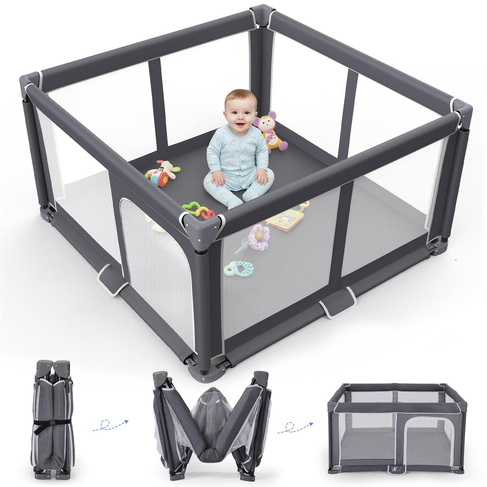 Grobeybees foldable playpen setup showing quick one-minute assembly for baby playtime