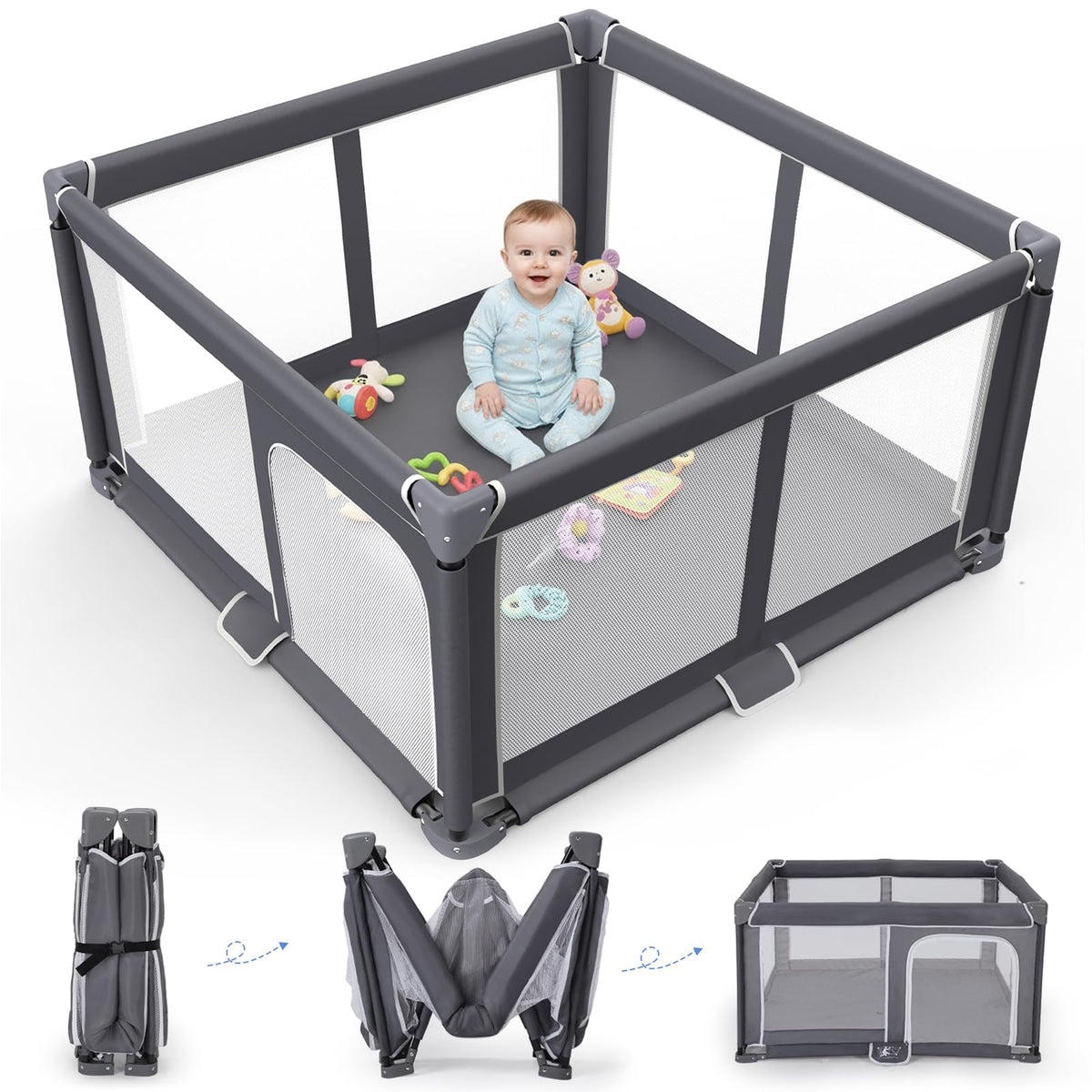 Grobeybees foldable playpen setup showing quick one-minute assembly for baby playtime