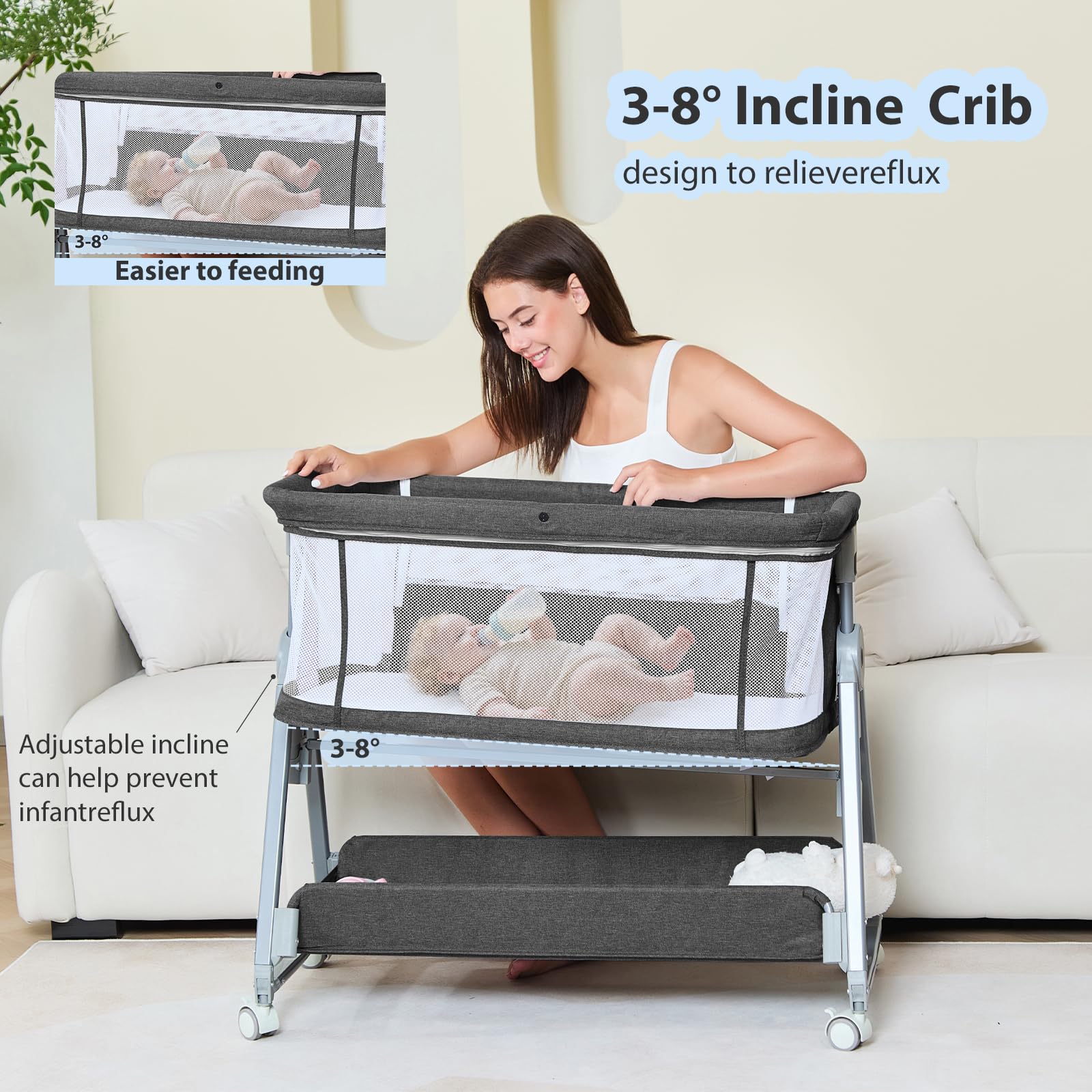 Grobeybees under-basket storage for diapers and bottles within reach