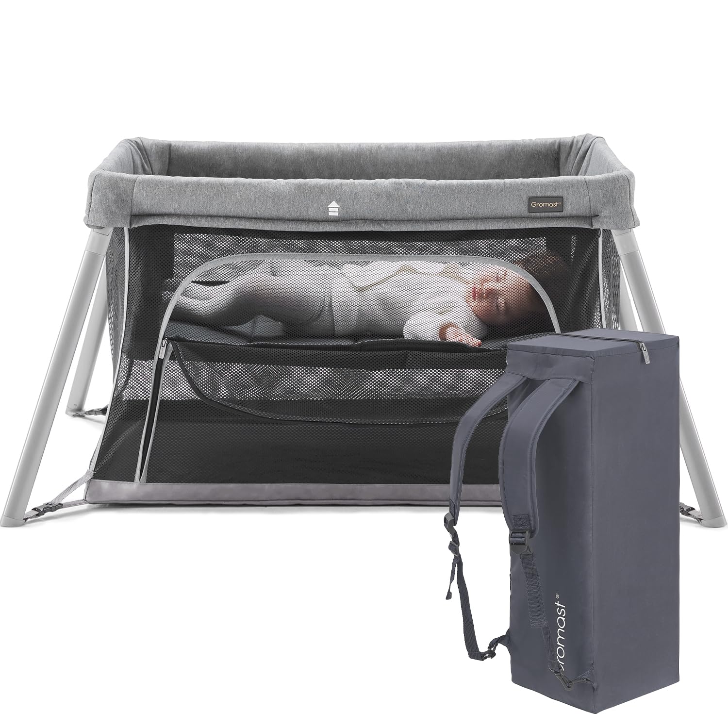 Gromast 2-in-1 travel crib setup shows stable base for safe baby play.
