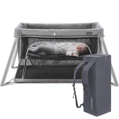 Gromast 2-in-1 travel crib setup shows stable base for safe baby play.