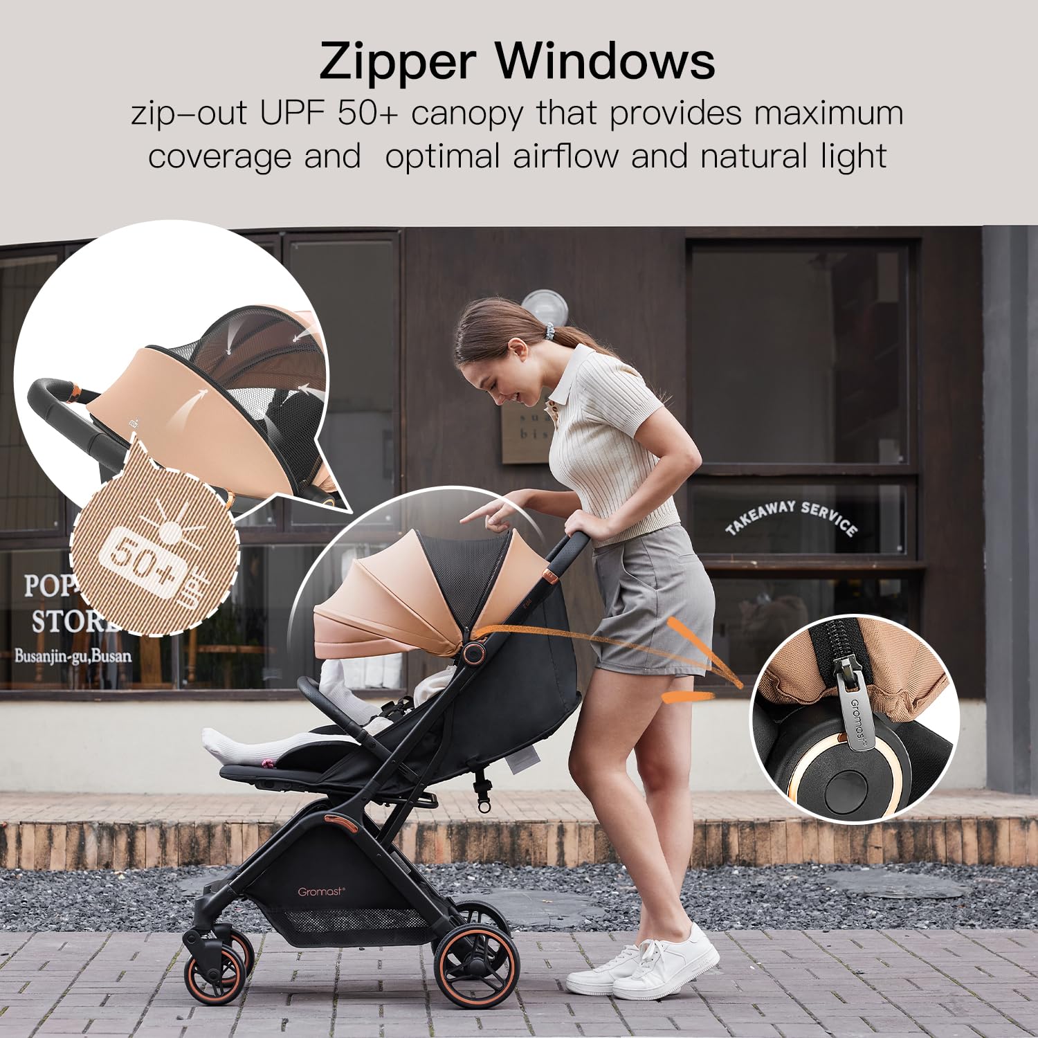 Gromast 4-position UPF50+ canopy blocks sun while keeping airflow