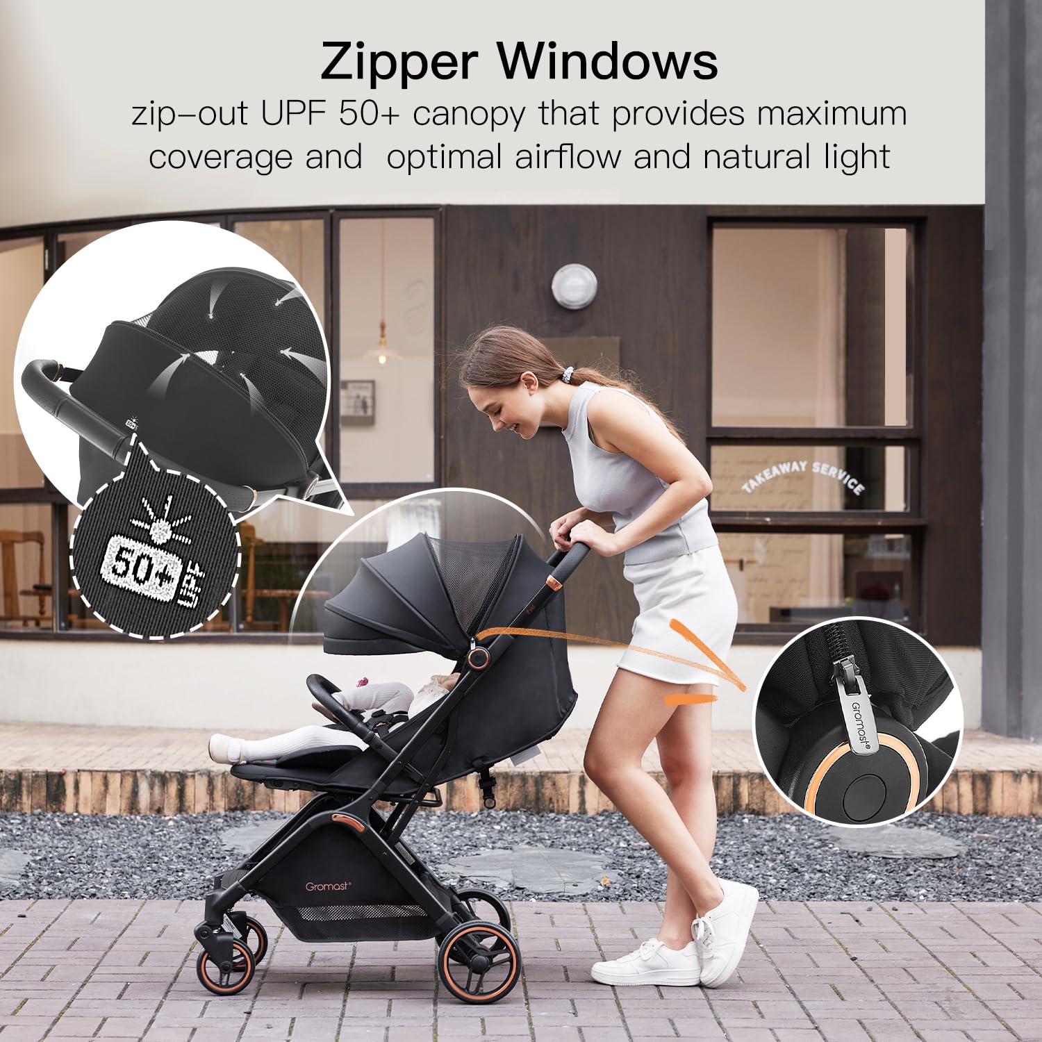 Gromast Gravity Folding Stroller 5-point-harness ensures secure seating during rides