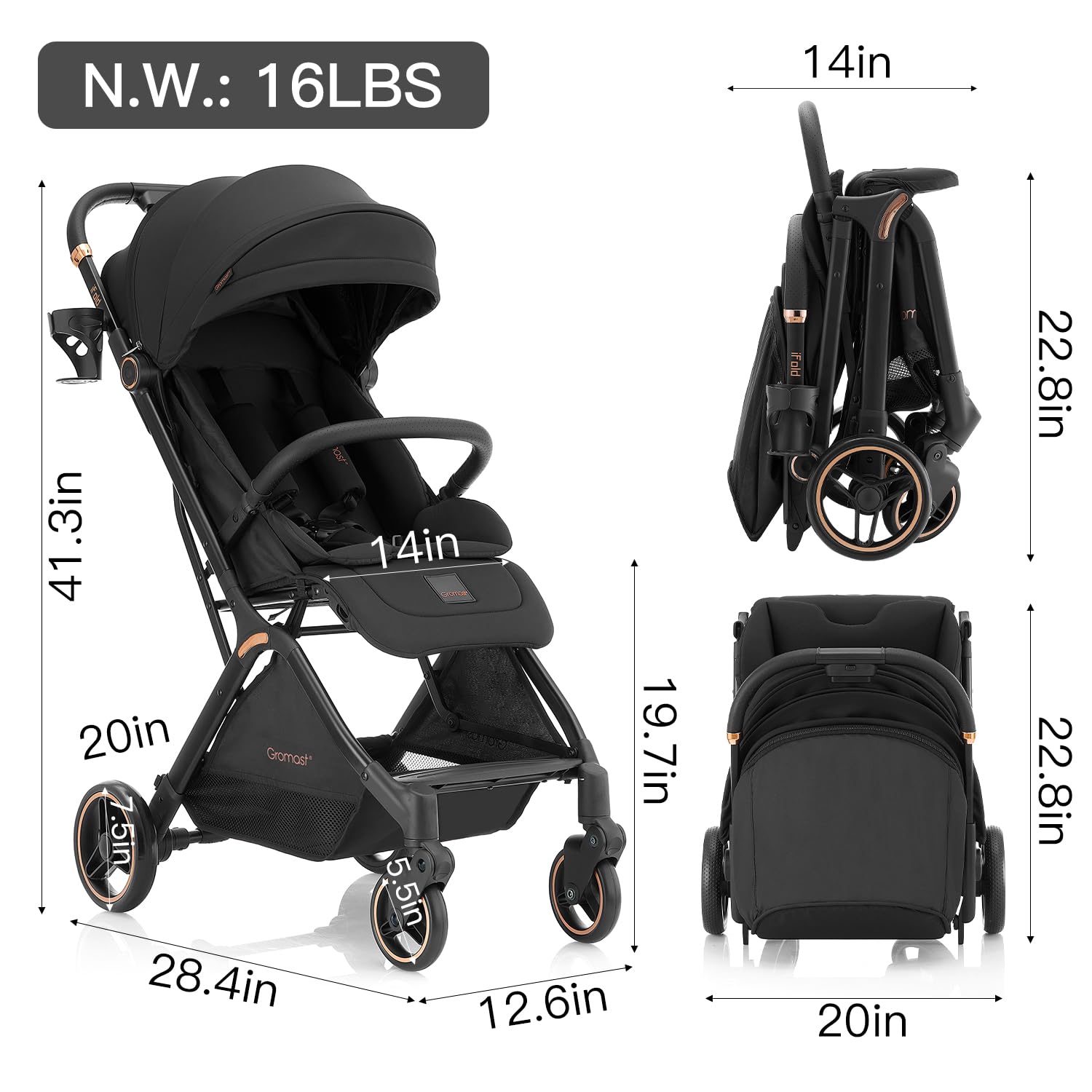 Gromast Gravity Folding Stroller all-wheel-suspension smooths uneven sidewalks
