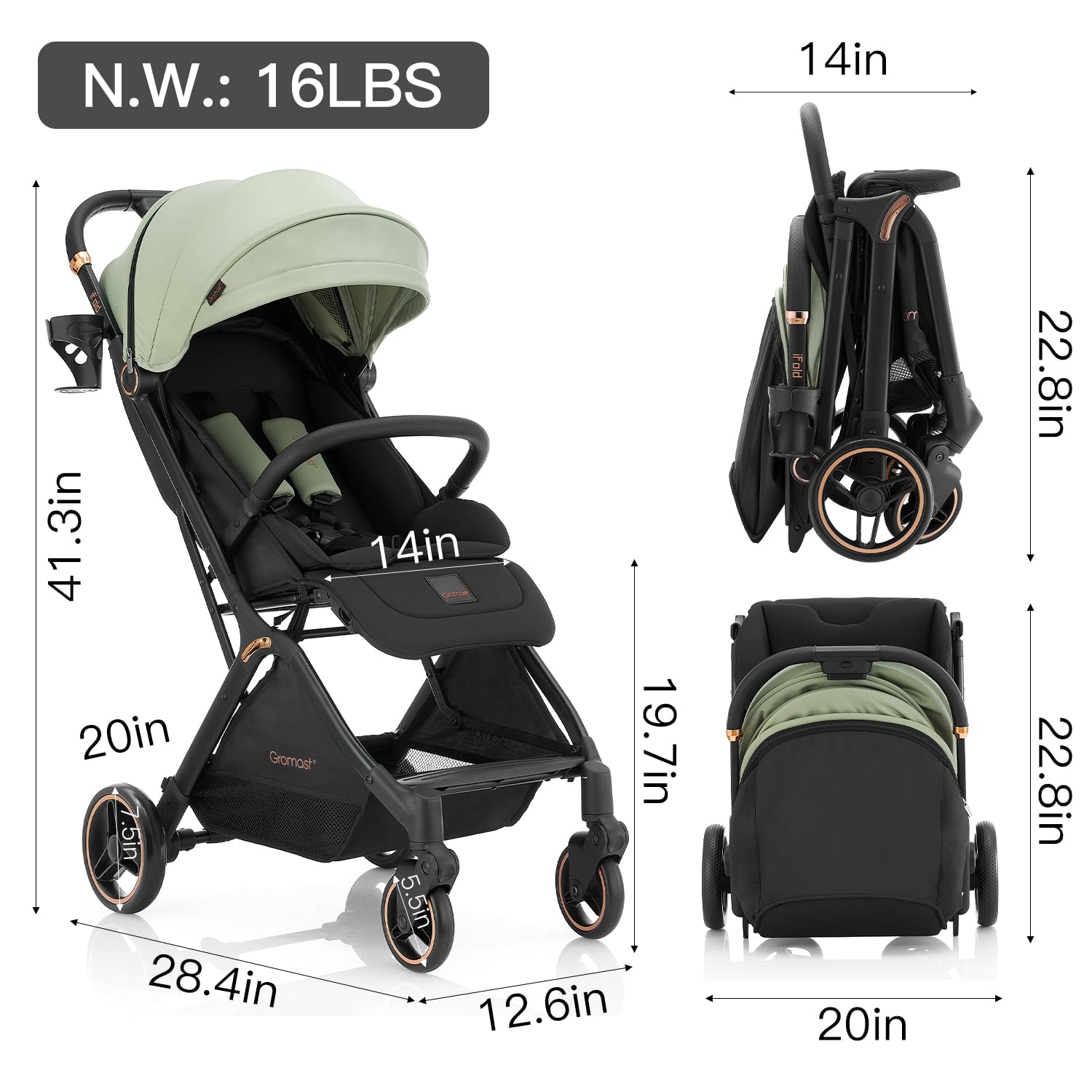 Gromast Gravity Folding Stroller aviation-grade aluminum frame for durability.