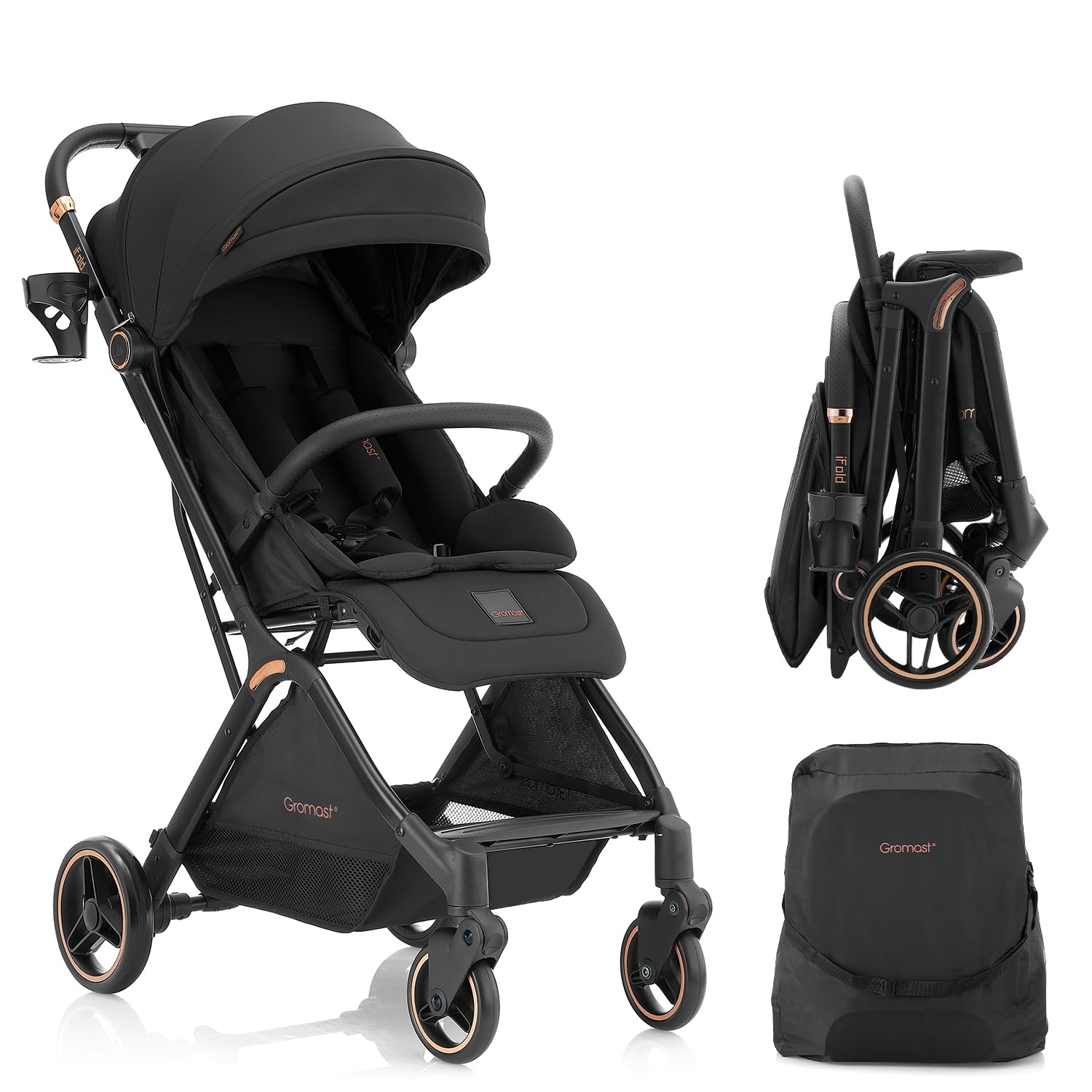 Gromast Gravity Folding Stroller front view highlights a lightweight design for quick outings