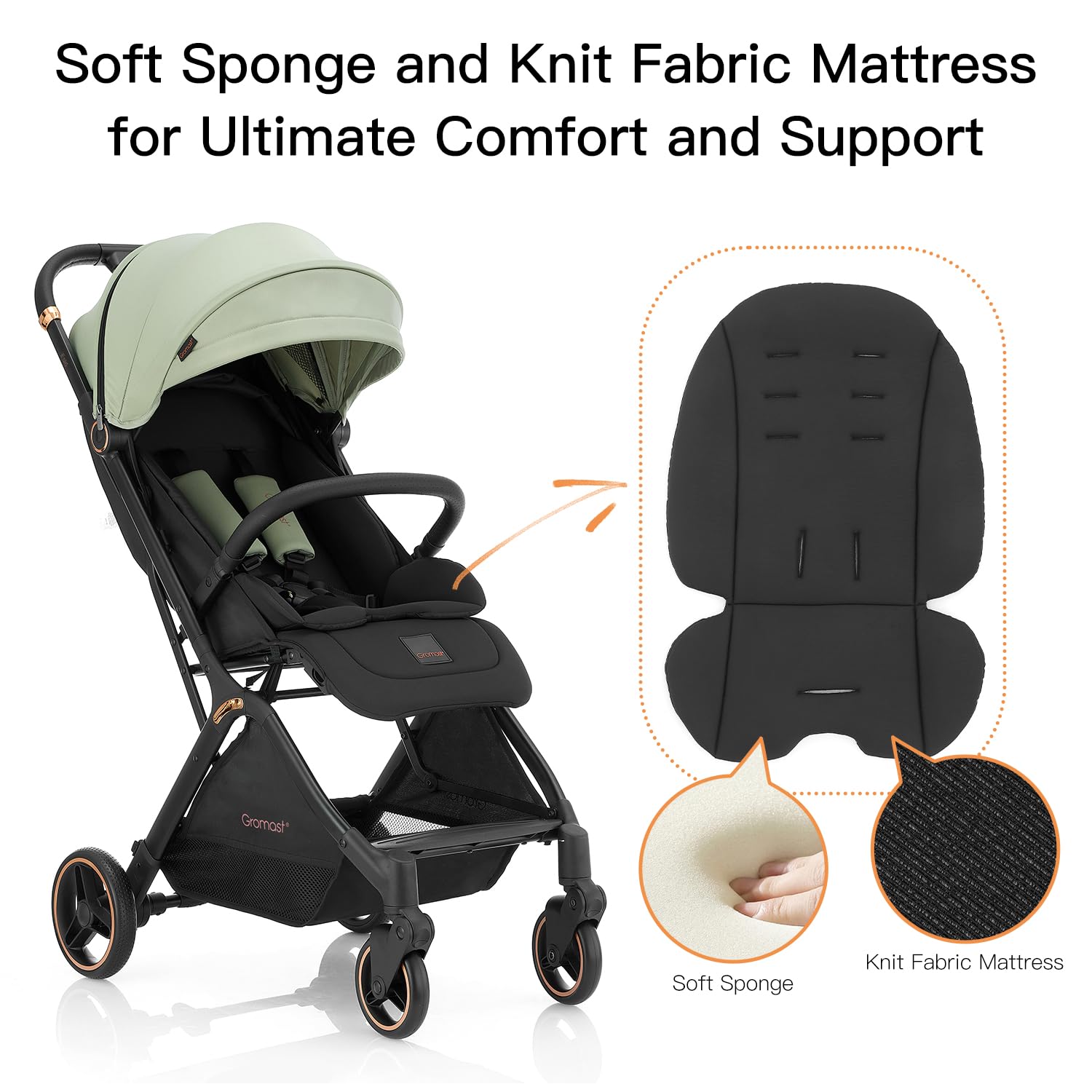 Gromast Gravity Folding Stroller fully folded stand demonstrates self-standing convenience.
