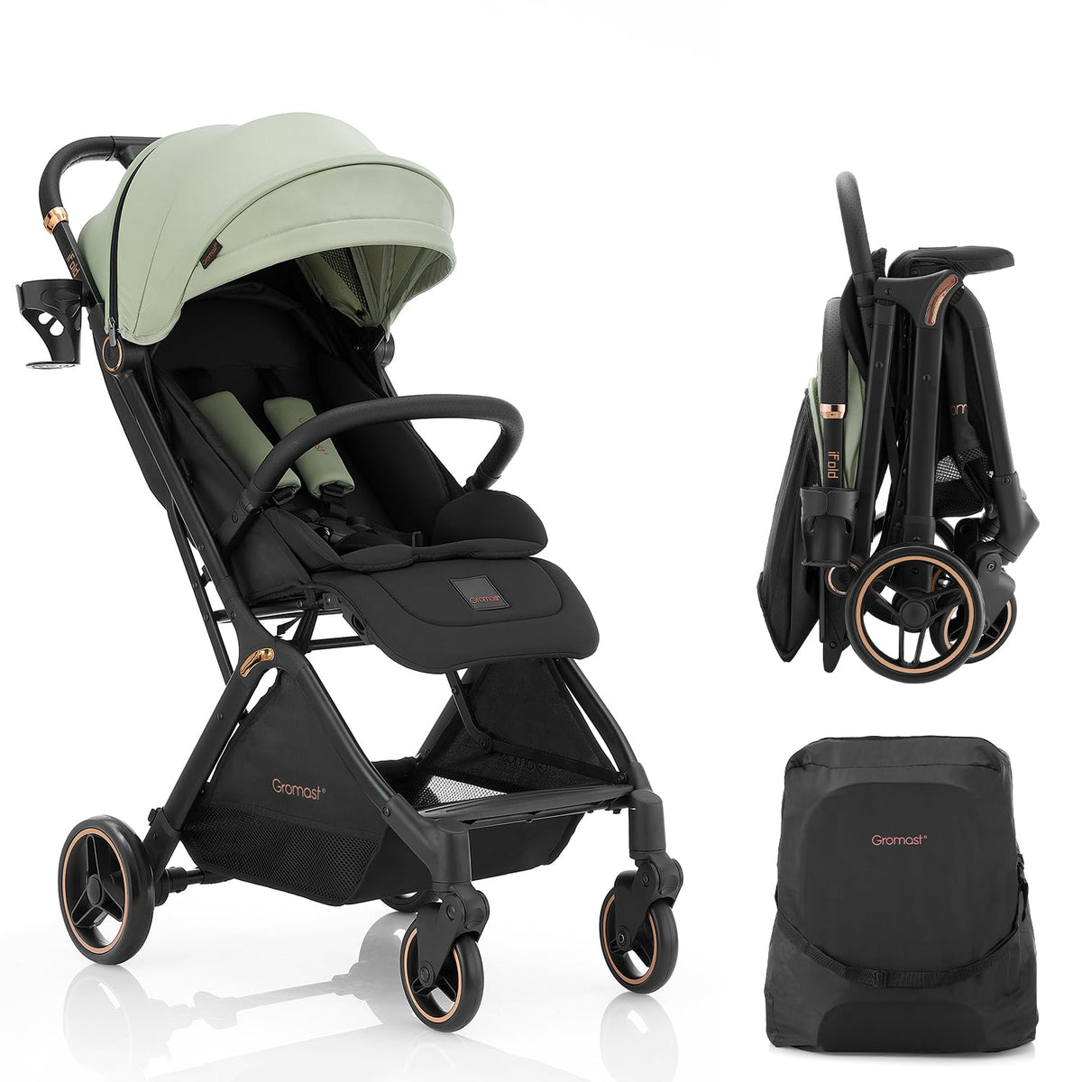 Gromast Gravity Folding Stroller side view showing compact profile for easy travel.