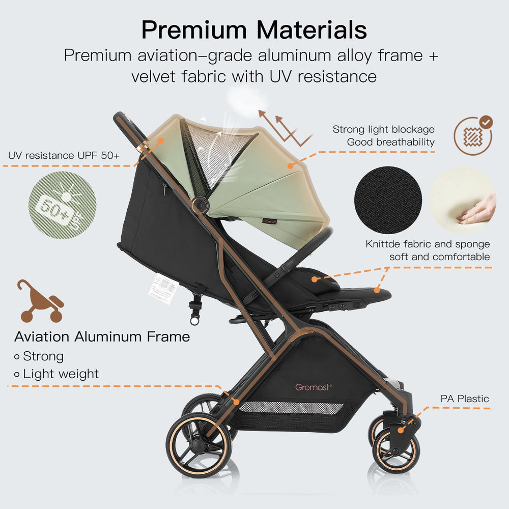 Gromast Gravity Folding Stroller UPF50 canopy provides sun protection.