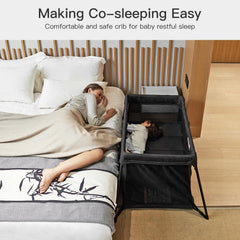 Gromast mesh-side travel crib provides ventilation and visibility.