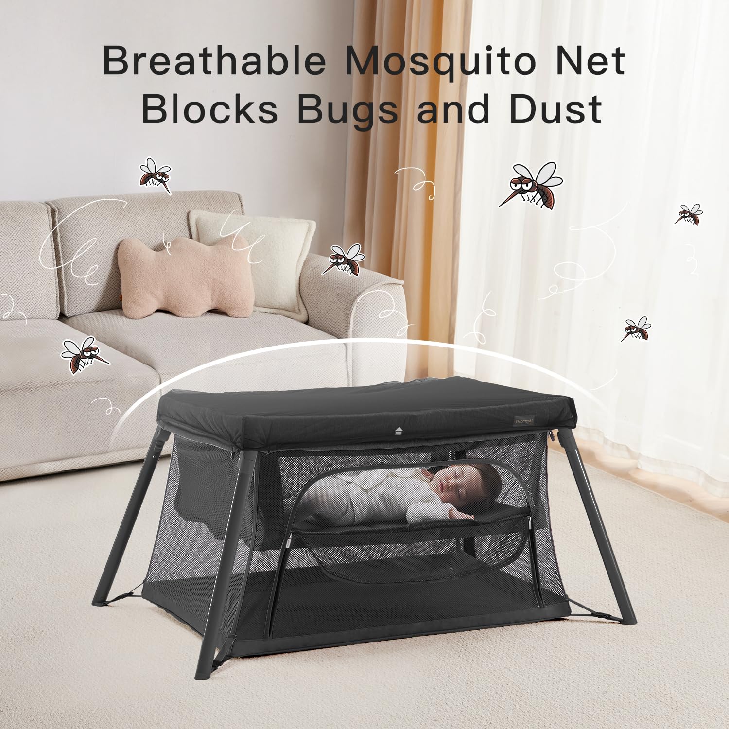 Gromast soft mattress delivers comfortable naps inside the crib.